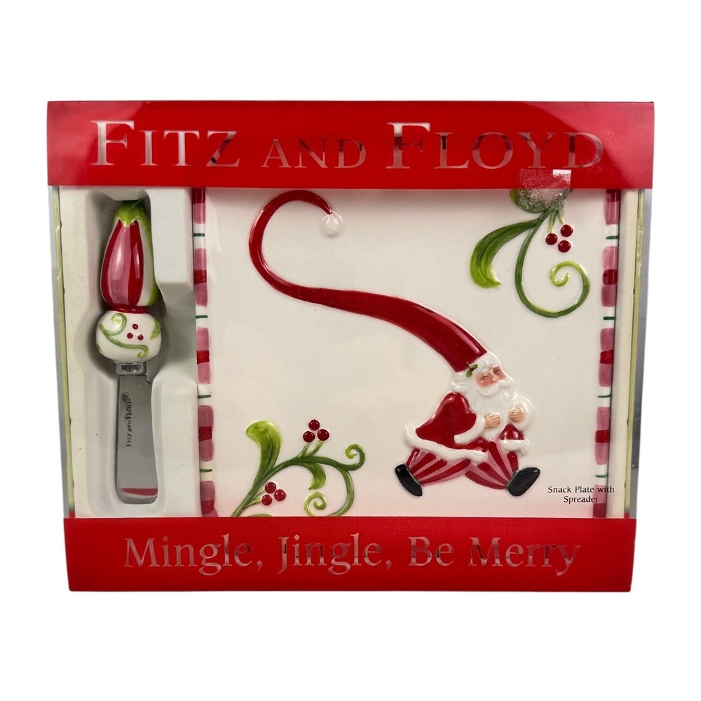 Fitz and Floyd Mingle Jingle Be Merry Santa Snack Plate and Spreader Set 19/2200